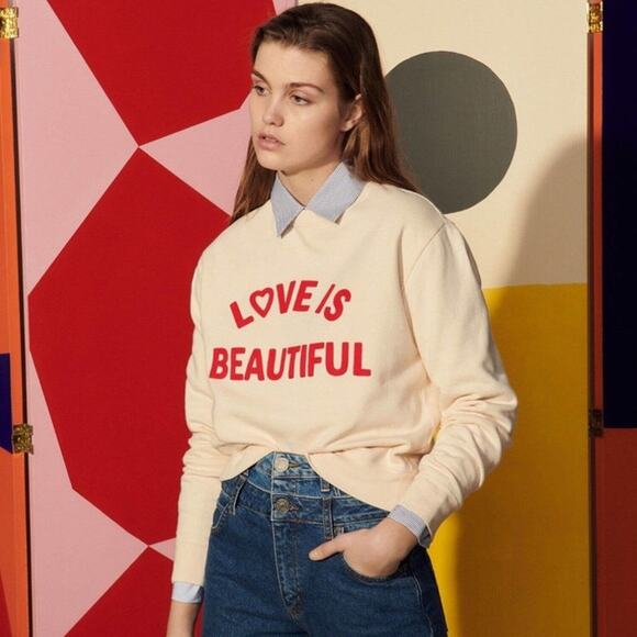 Sandro Love is Beautiful Embroidered Sweatshirt Light Beige Women's Size 1 Small - Picture 16 of 16